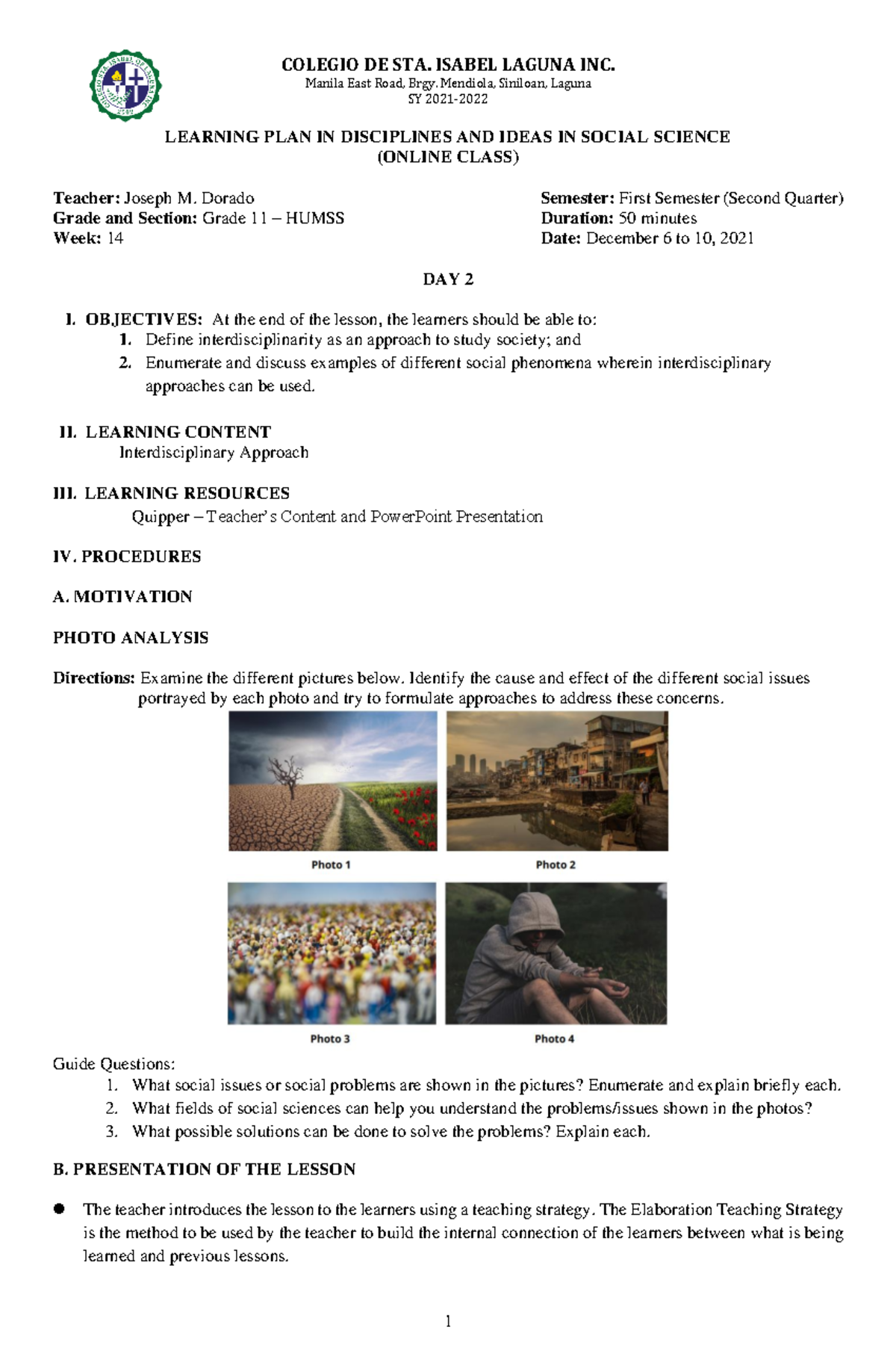 DISS 11 - WEEK 14 - DAY 2: Interdisciplinary Approach Lesson Plan - Studocu