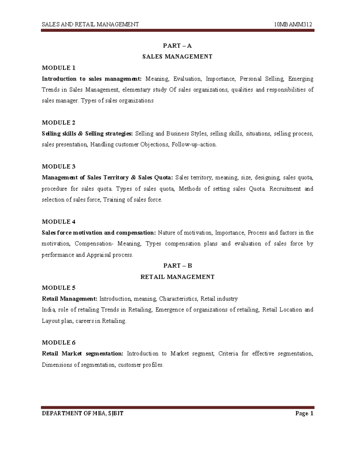 SALES AND RETAIL MANAGEMENT 10MBAMM312: Comprehensive Study Guide - Studocu