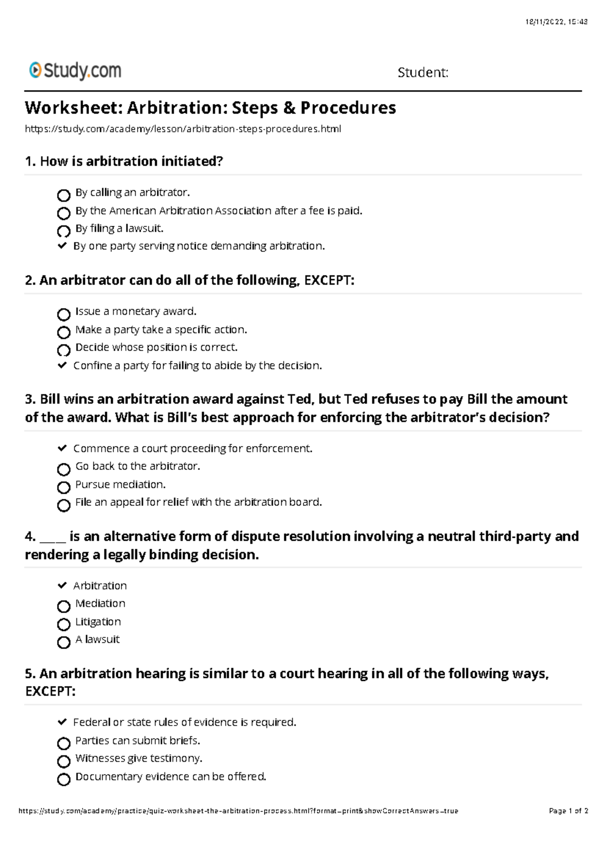 Arbitration steps - worksheet - 18/11/2022, 15: 43 - Studocu