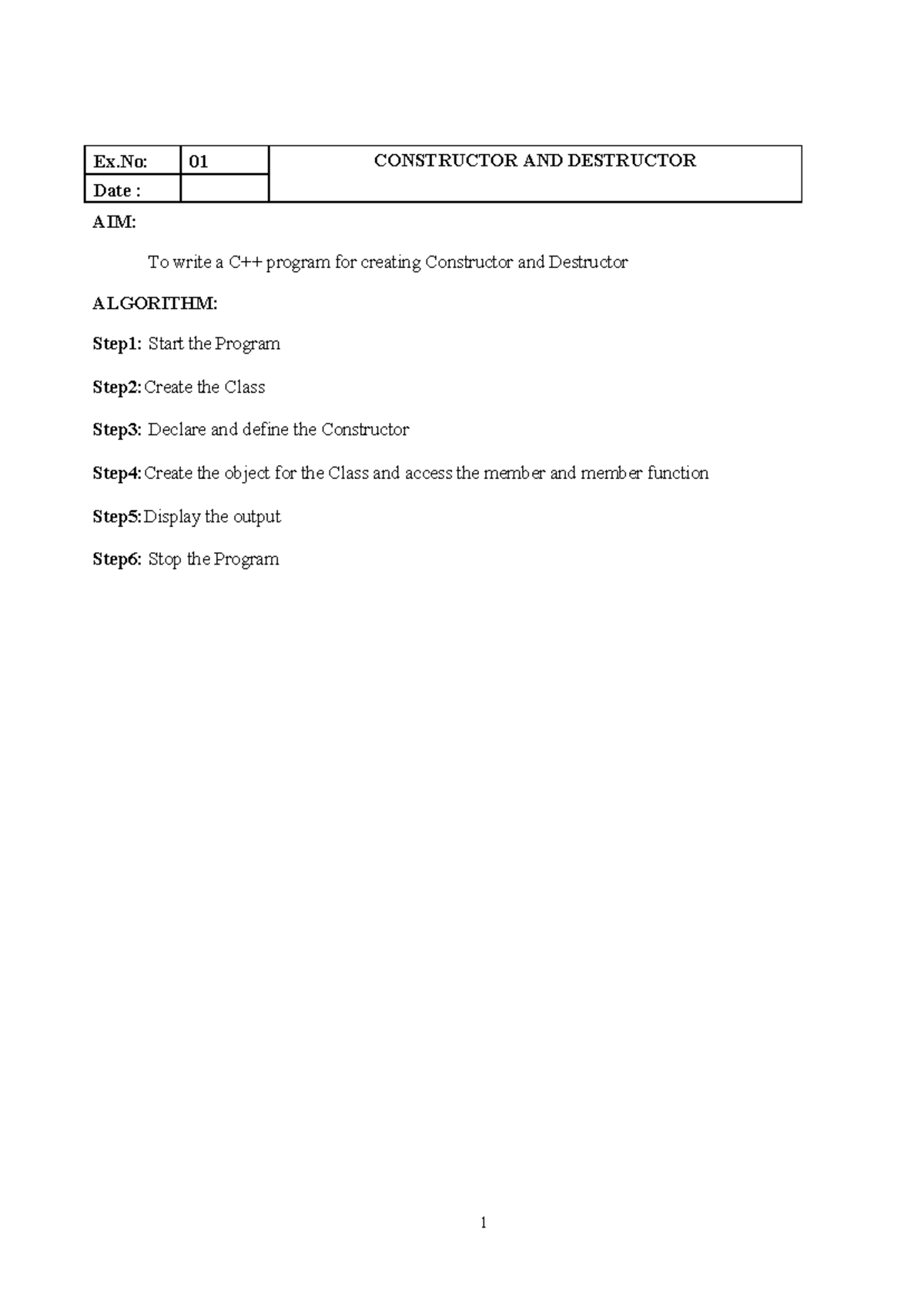C++ programming lab Manual - 1 Ex: 01 CONSTRUCTOR AND DESTRUCTOR Date ...