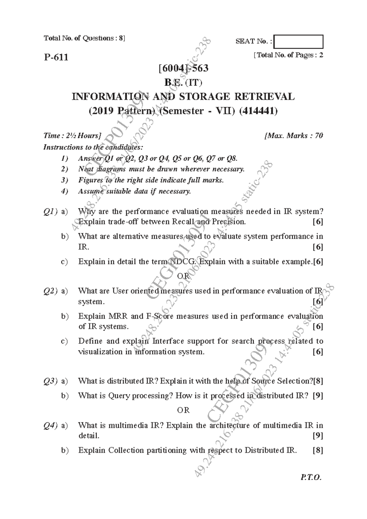B.E. (IT) INFORMATION AND STORAGE RETRIEVAL - May Jun 2023 Question ...