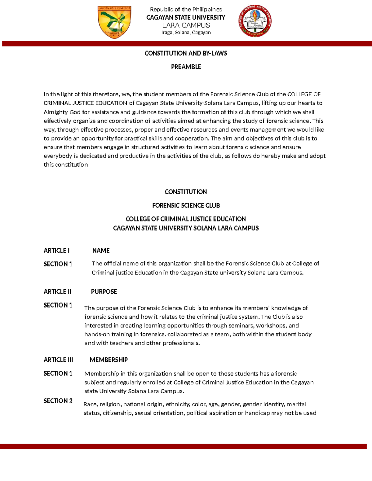 Constitution and Bylaws of the Forensic Science Club (CCJE 101) - Studocu