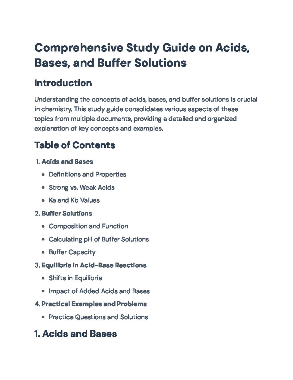 Comprehensive Study Guide on Acids, Bases, and Buffers - CHEM101 ...