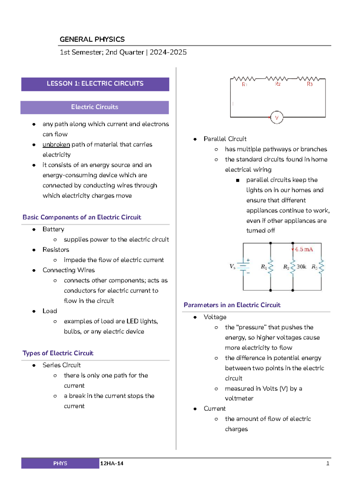 PHYS 1-5 GENERAL PHYSICS 1st & 2nd Quarter LESSONS: Circuits & Energy ...
