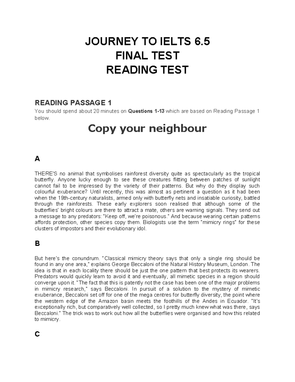 JOURNEY TO IELTS 6.5 FINAL TEST READING PASSAGE 1 ANALYSIS - Studocu