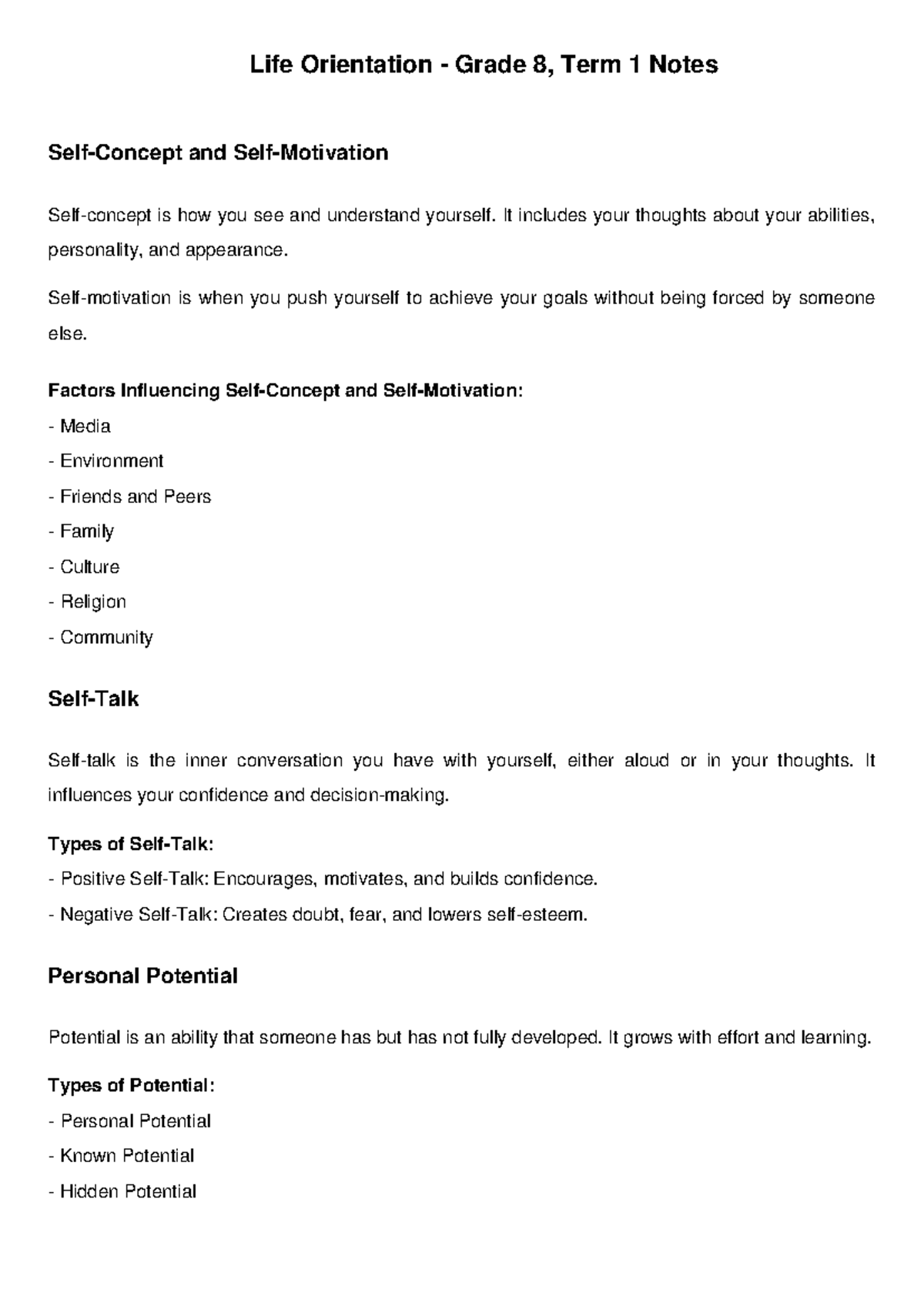 Life Orientation Grade 8 Term 1 Comprehensive Study Notes - Document Preview