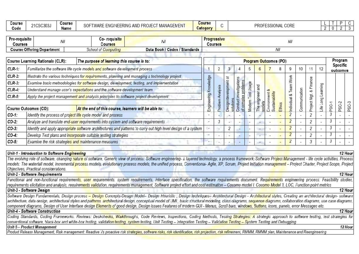 21CSC303J SOFTWARE ENGINEERING AND PROJECT MANAGEMENT SYLLABUS - Studocu