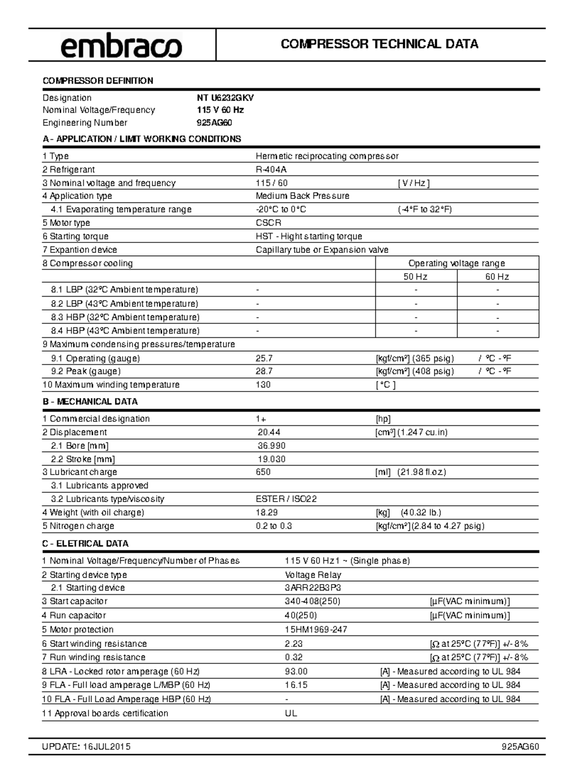NTU 6232GKV 115V - data - COMPRESSOR TECHNICAL DATA UPDATE: 16JUL2015 ...