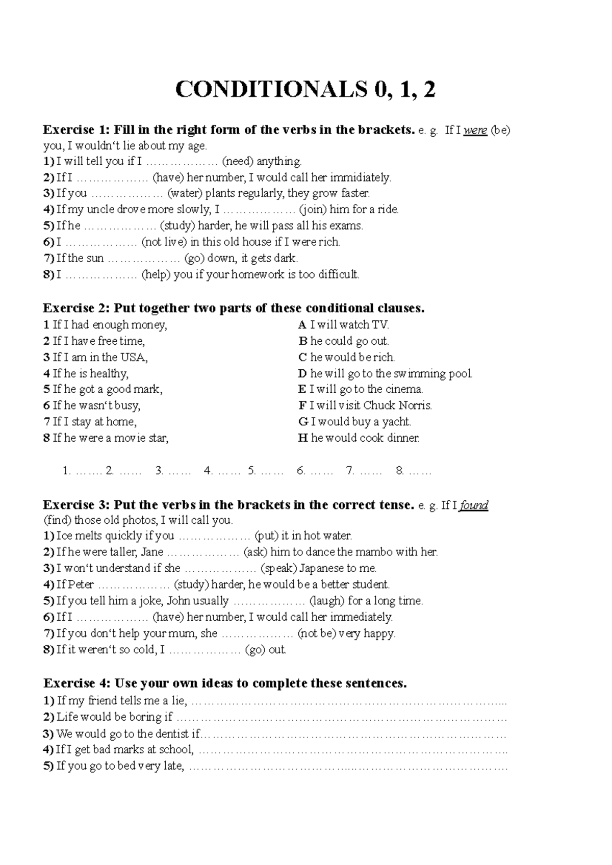 Conditionals Exercises 0, 1, 2 for Language Skills Practice - Studocu