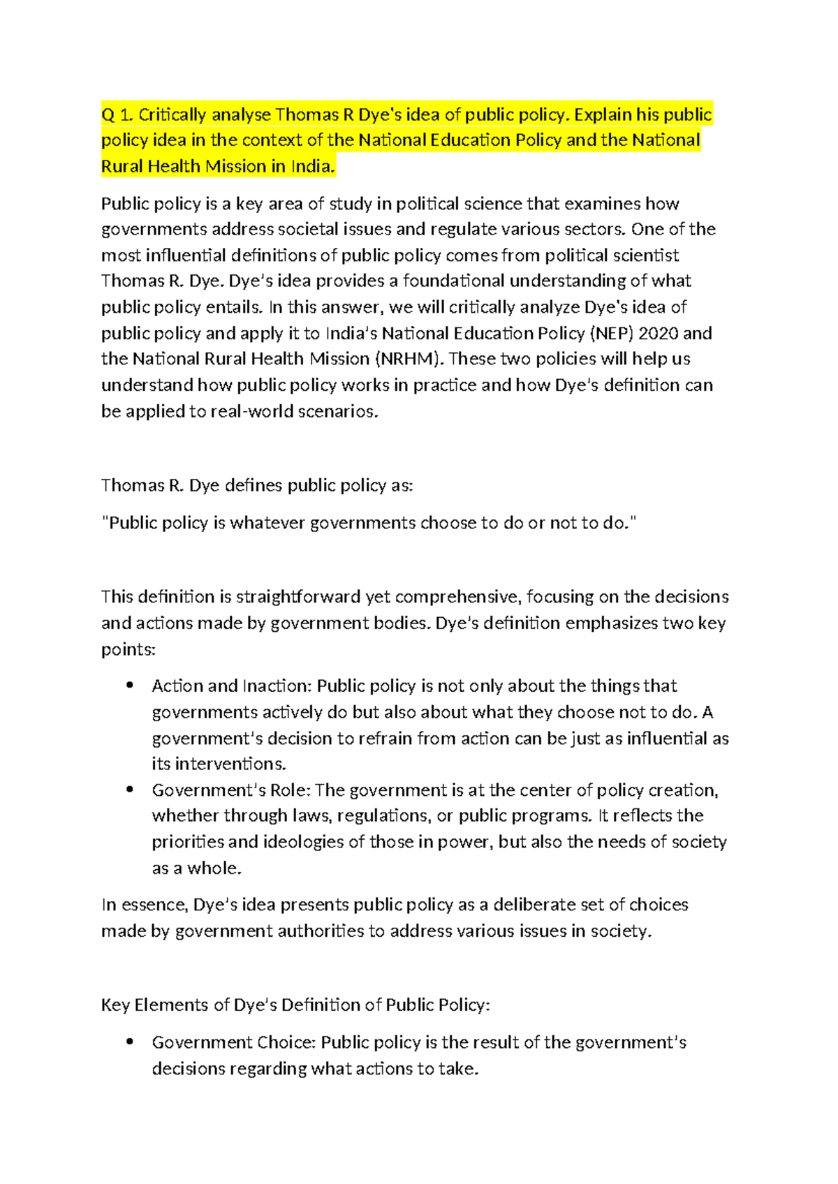 Q1: Critical Analysis of Thomas R. Dye's Public Policy in NEP & NRHM ...