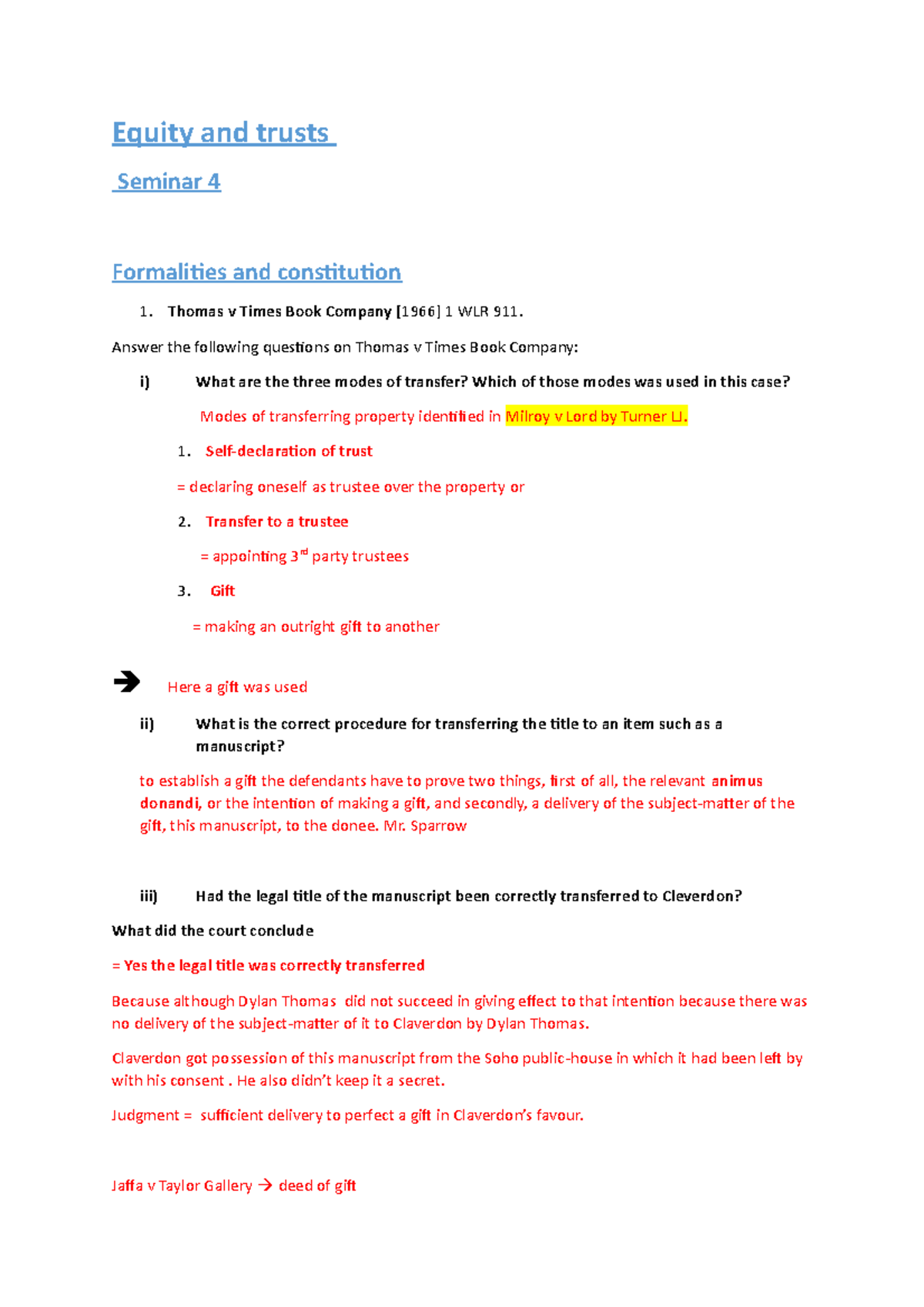 Equity & Trusts Seminar 4: Formalities & Constitution Analysis - Studocu