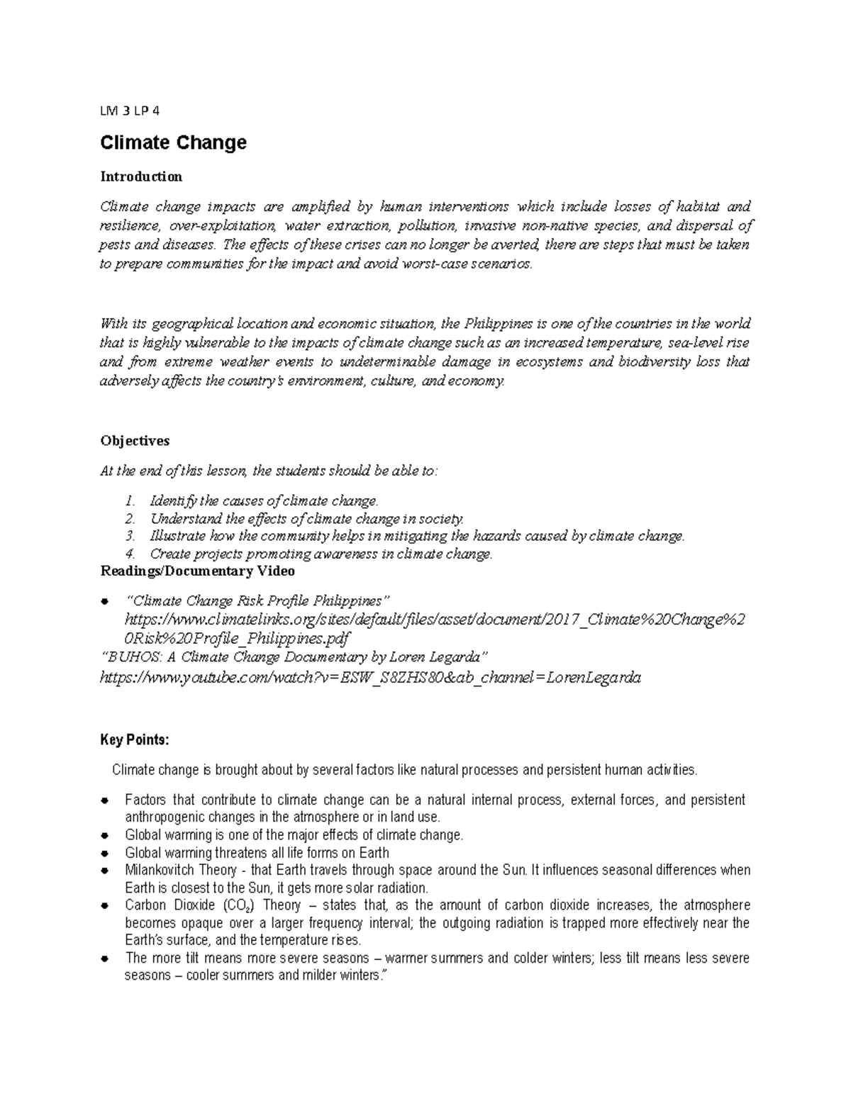 LM 3 LP 4: Climate Change Lesson Overview - Studocu
