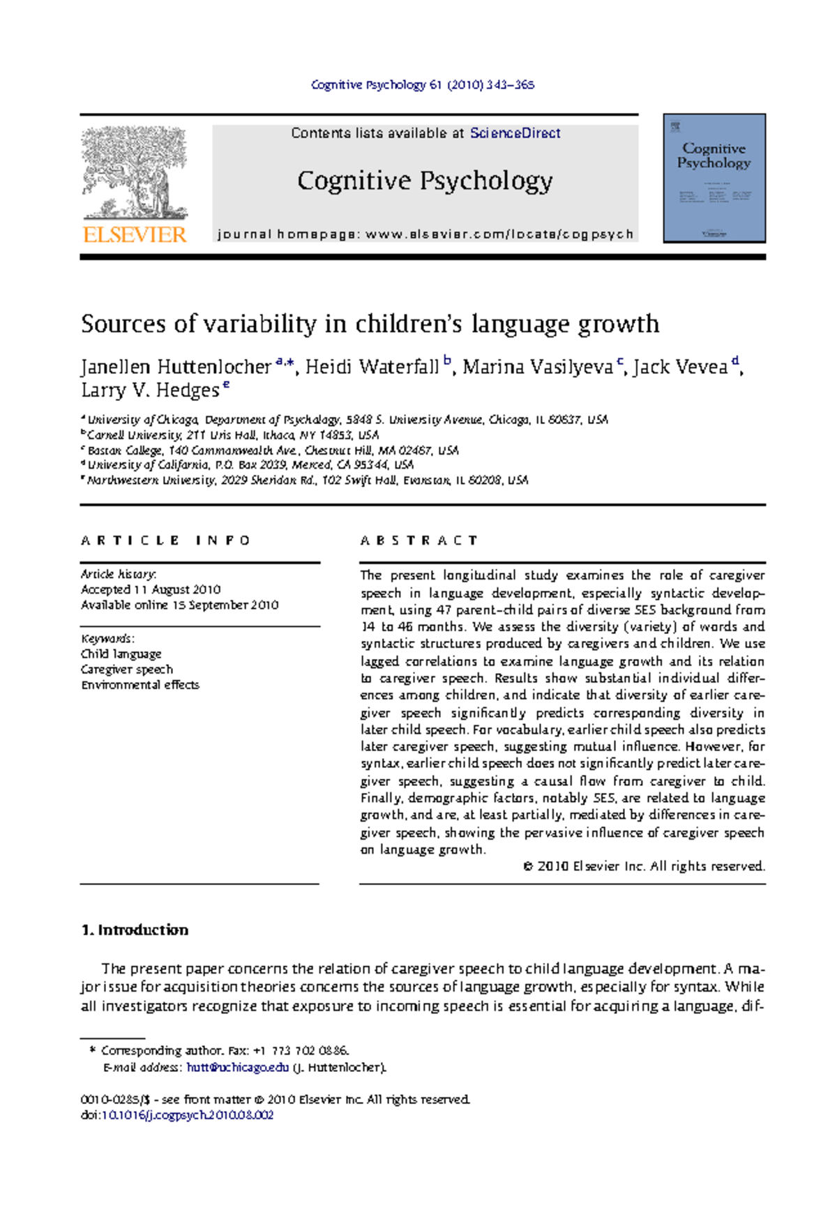 Cognitive Psychology 61: Sources of Variability in Children's Language ...