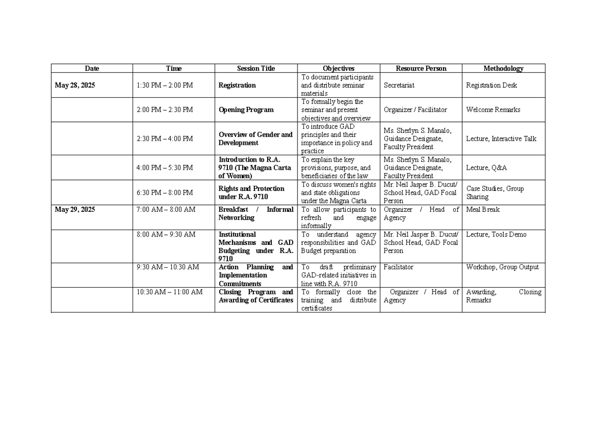 GAD Seminar Schedule & Overview (R.A. 9710) - May 2025 - Studocu