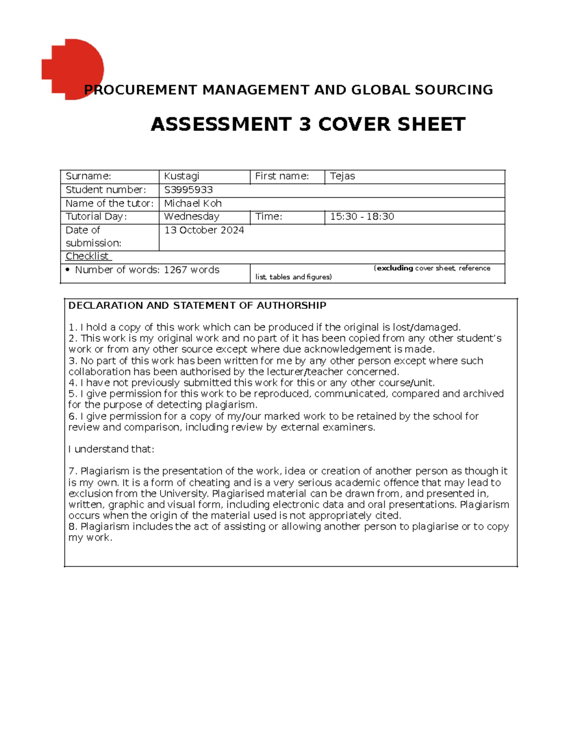Procurement A3 S3995933 - PROCUREMENT MANAGEMENT AND GLOBAL SOURCING ...