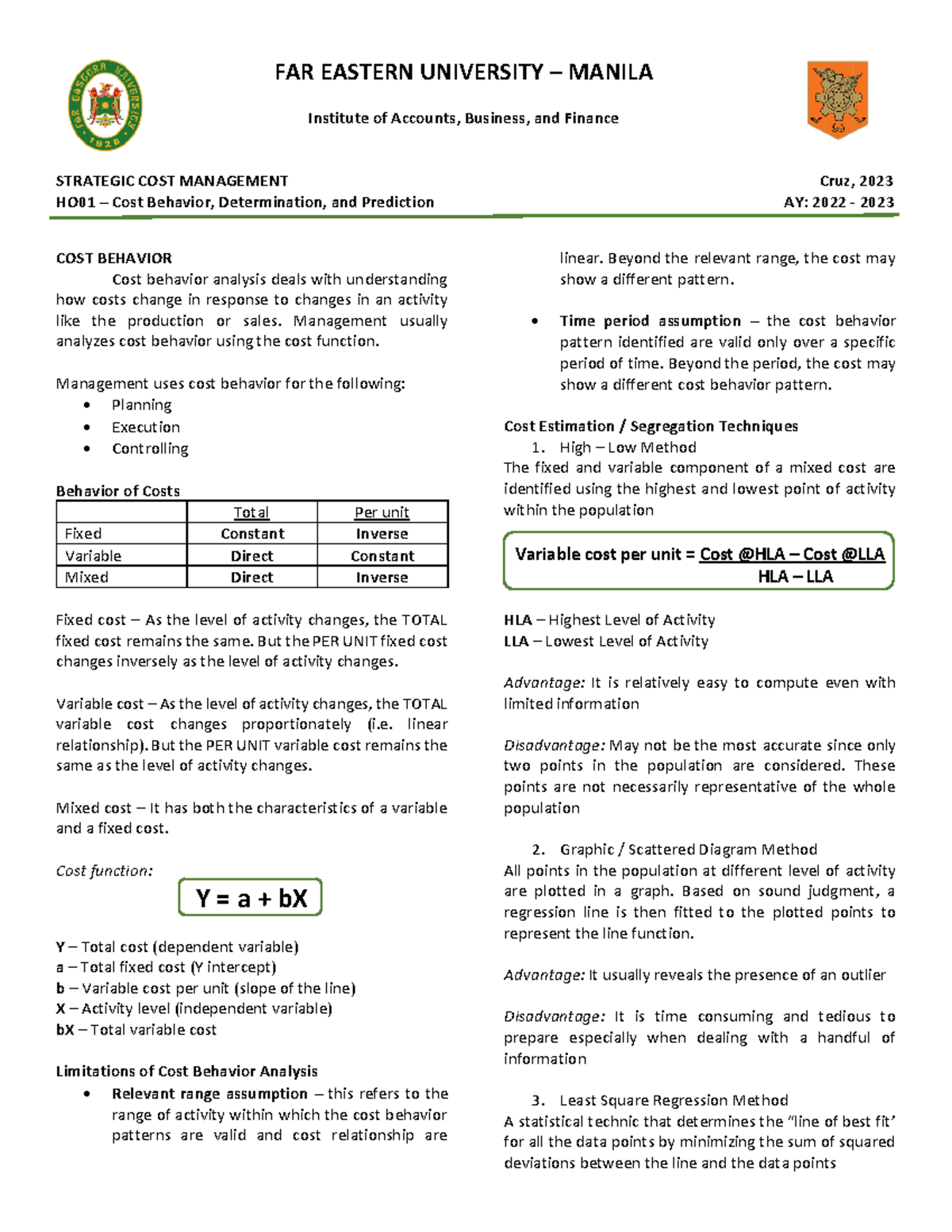 HO01 - Strategic Cost Management: Cost Behavior & Analysis Study - Studocu