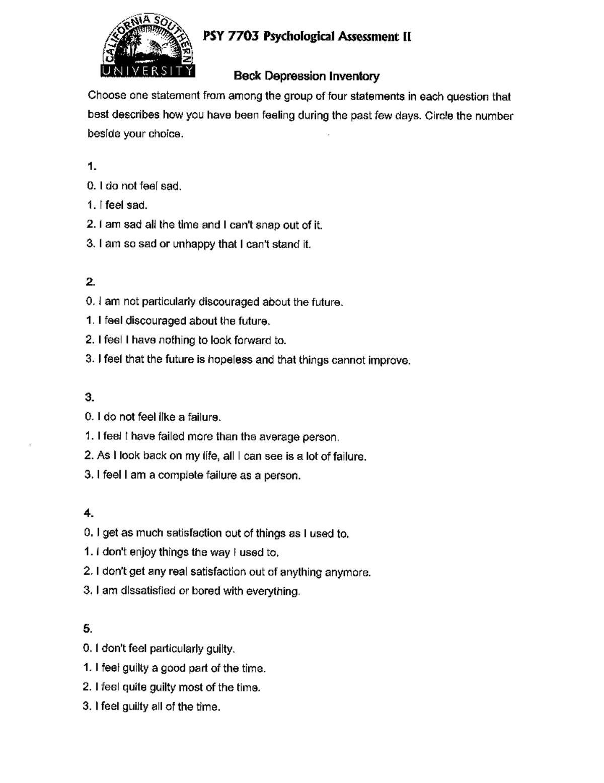 PSY 7703 Psychological Assessment II: Beck Depression Inventory Guide ...
