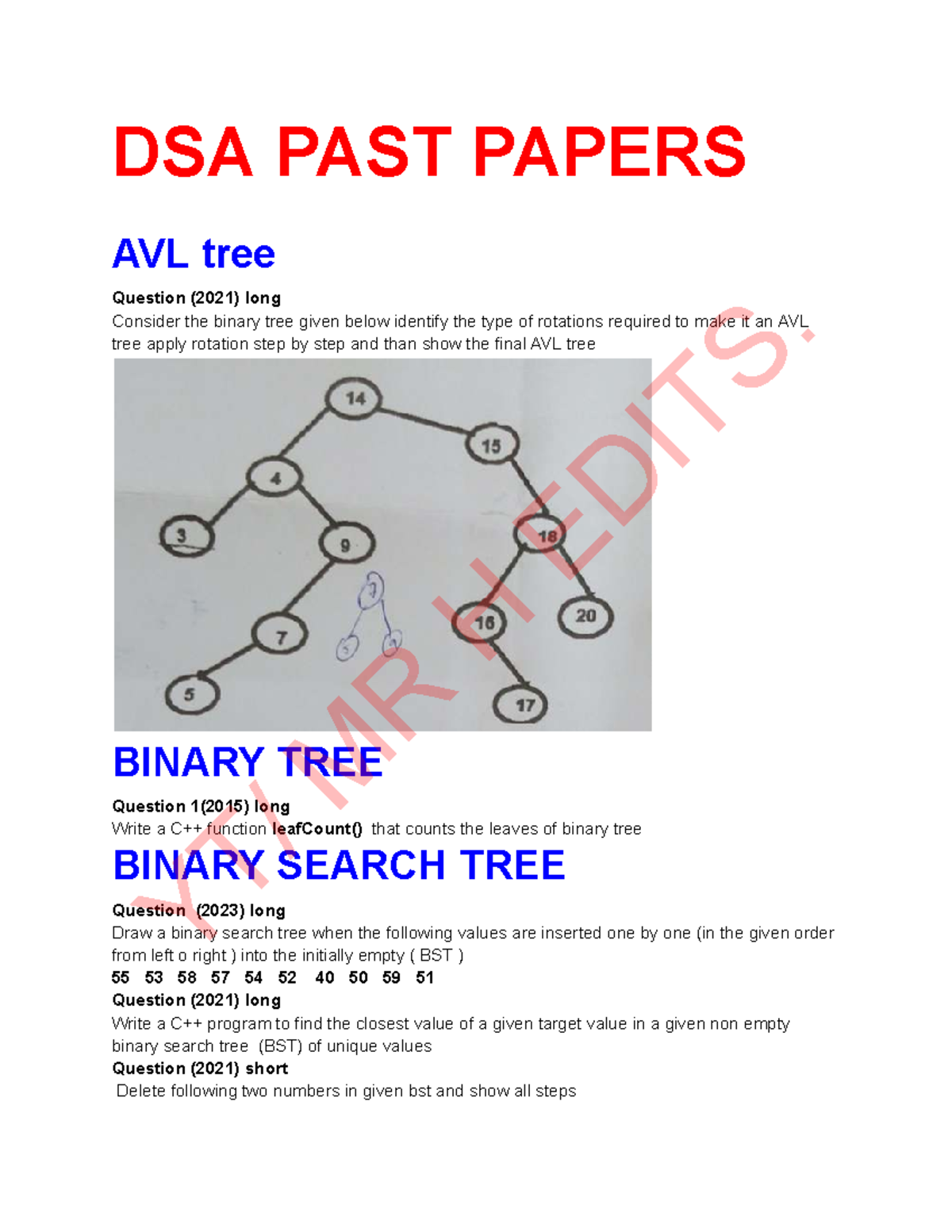 DSA Unsolved Past Papers (2012 - 2023): Focus on Trees and Algorithms ...