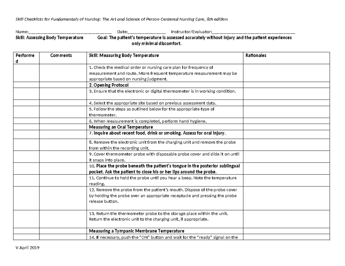Skill Checklists for Nursing Fundamentals: Body Temperature Assessment ...