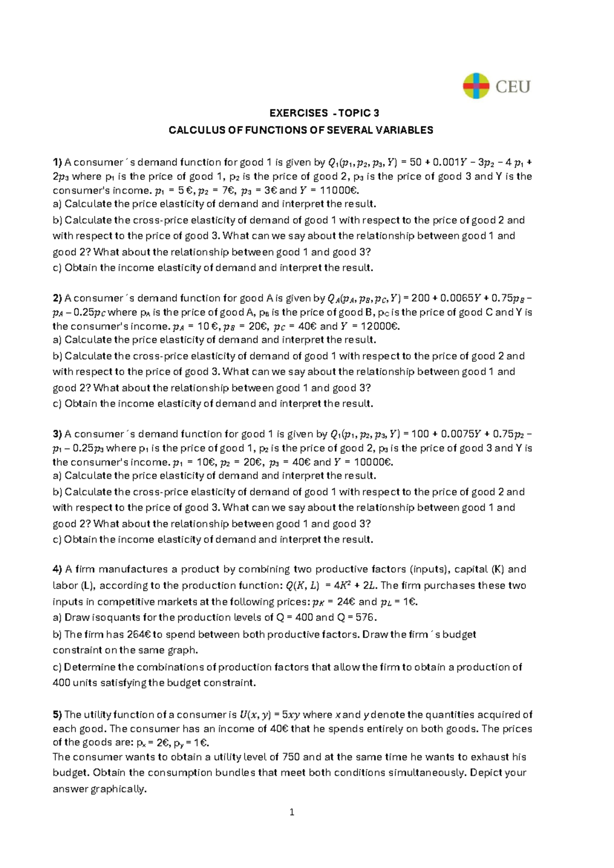 Exercises - Topic 3: Calculus of Functions of Several Variables (2025 ...