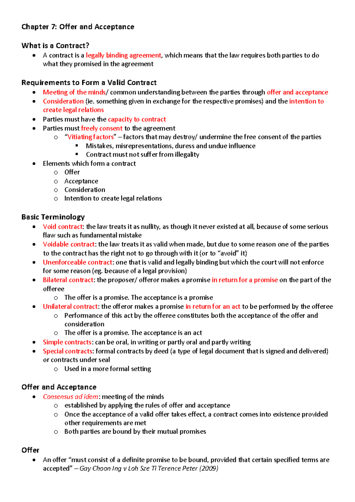 LWL Contract Law Notes: Chapter 7 on Offer and Acceptance - Studocu