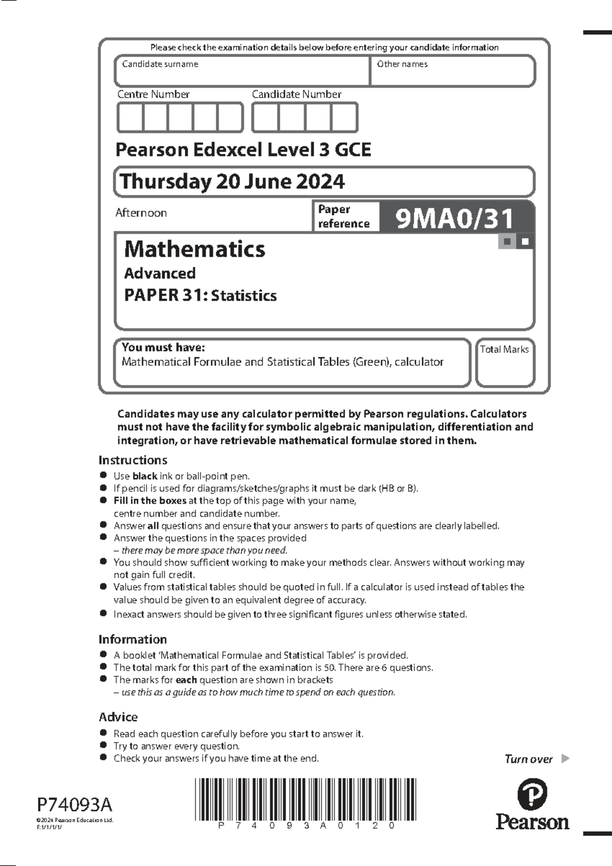 Statistics Advanced Paper 31 Exam Details - GCE Level 3 (2024) - Studocu