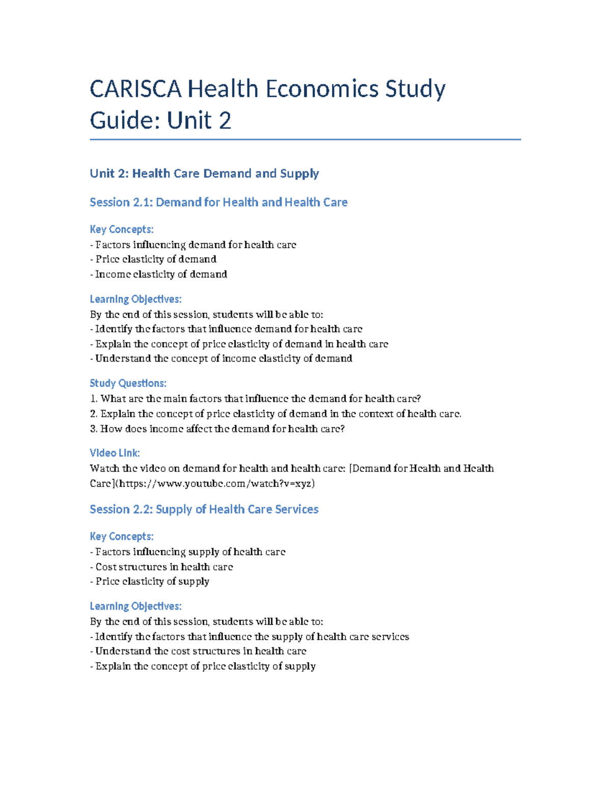 Carisca Health Economics Unit 2 - CARISCA Health Economics Study Guide ...