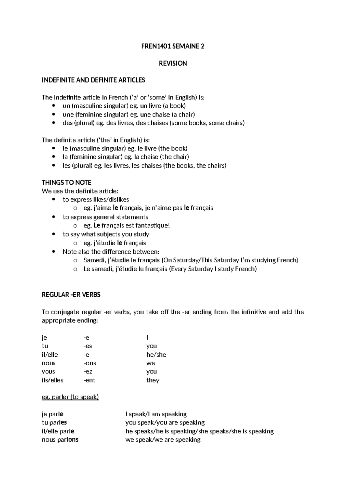 FREN1401 Semaine 2: Revision of Articles & Regular -ER Verbs - Studocu