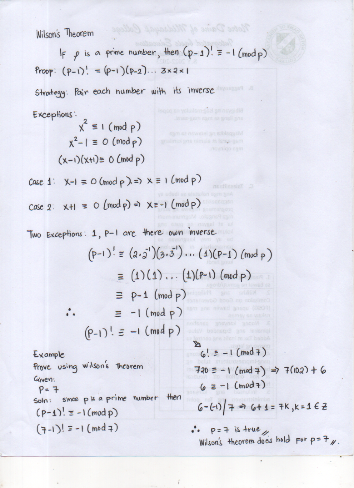 MATH 301: Wilson's Theorem Notes and Proofs on Prime Numbers - Studocu