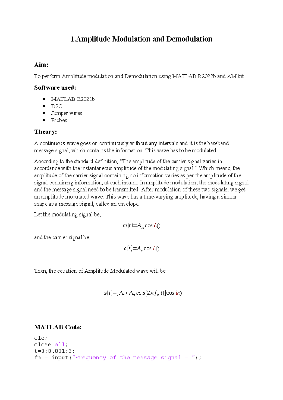 Amplitude Modulation Hardware & Simulation - EE 203 Lab Report - Studocu
