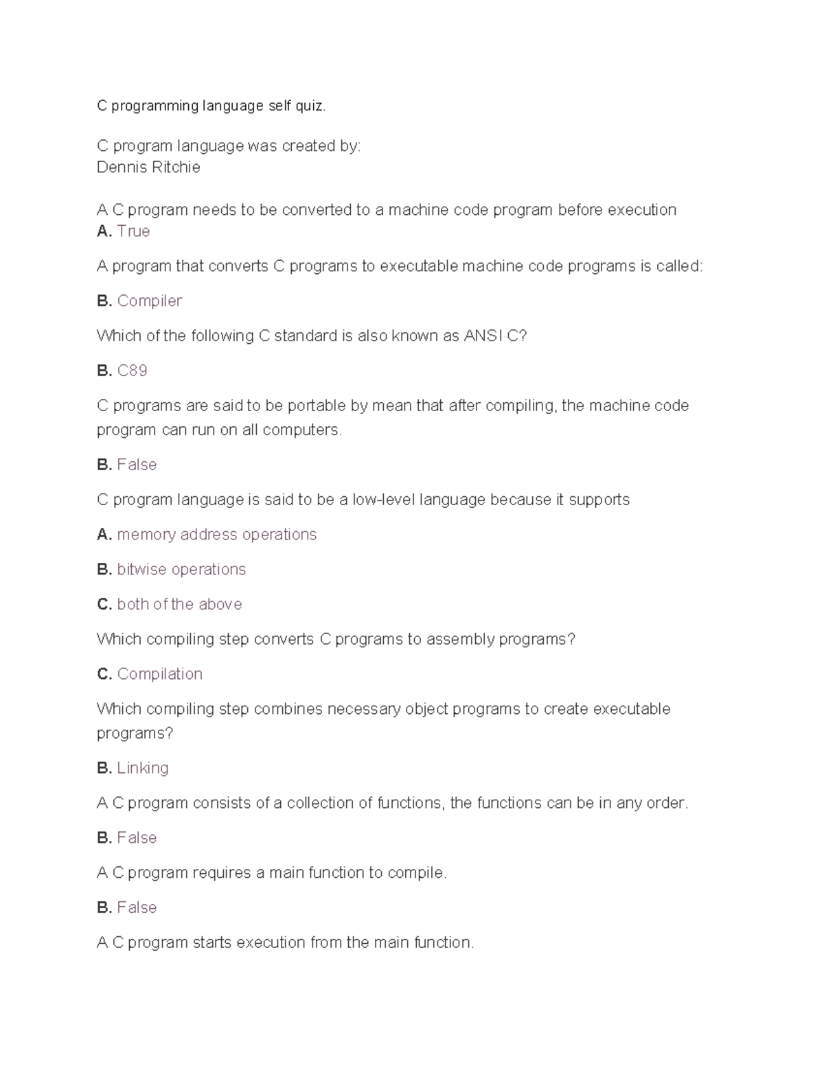 C Midterm - Comprehensive Answers to C Programming Self Quiz - Studocu