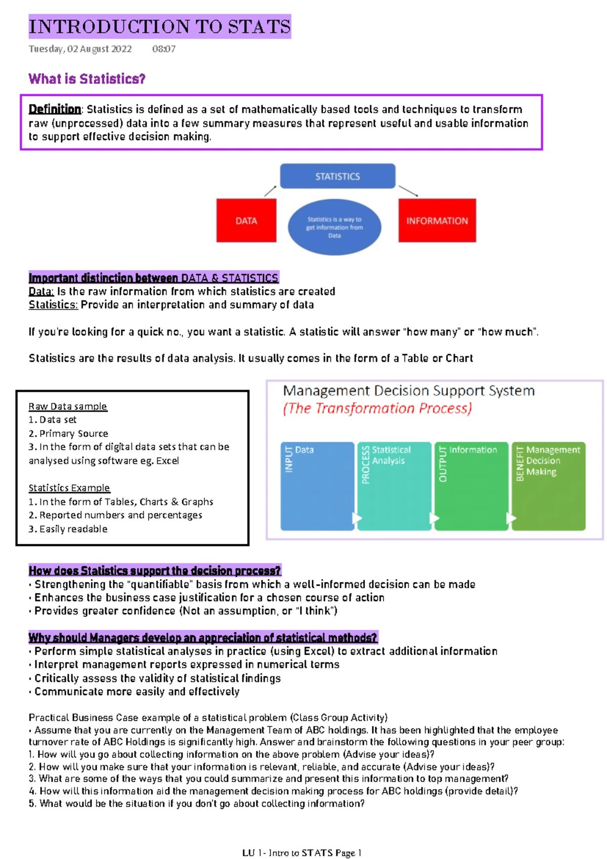 Statistics Learning Unit 1: Intro to Data, Probability & Sampling - Studocu