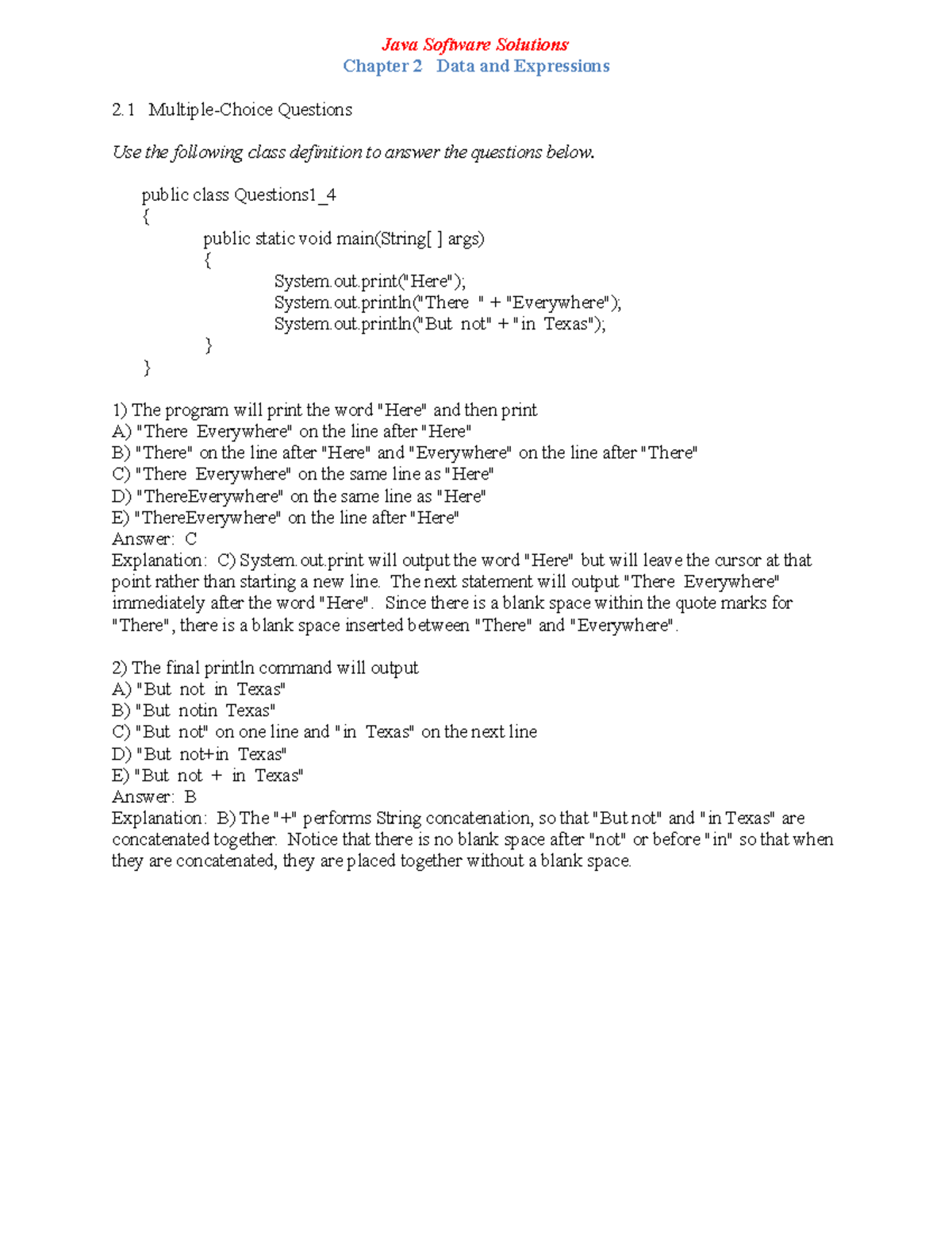 Java Software Solutions Ch2: Data & Expressions MCQs and Explanations ...