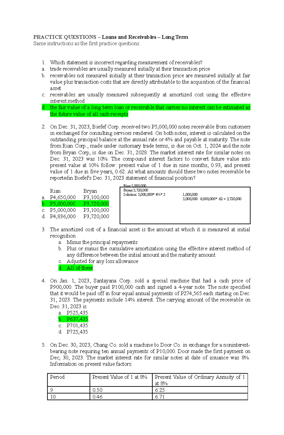 Practice Questions: Loans & Receivables Overview - Long Term (FIN 202 ...