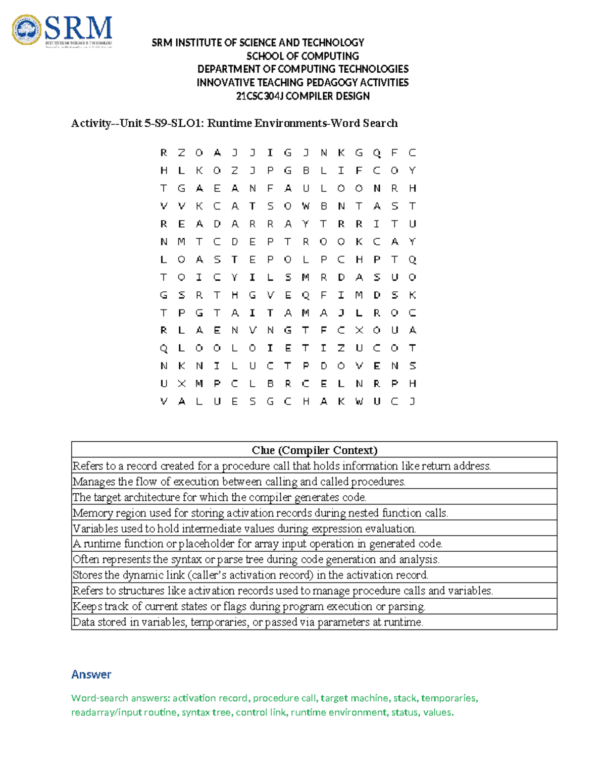 21CSC304J Compiler Design: Runtime Search Clue Overview - Studocu
