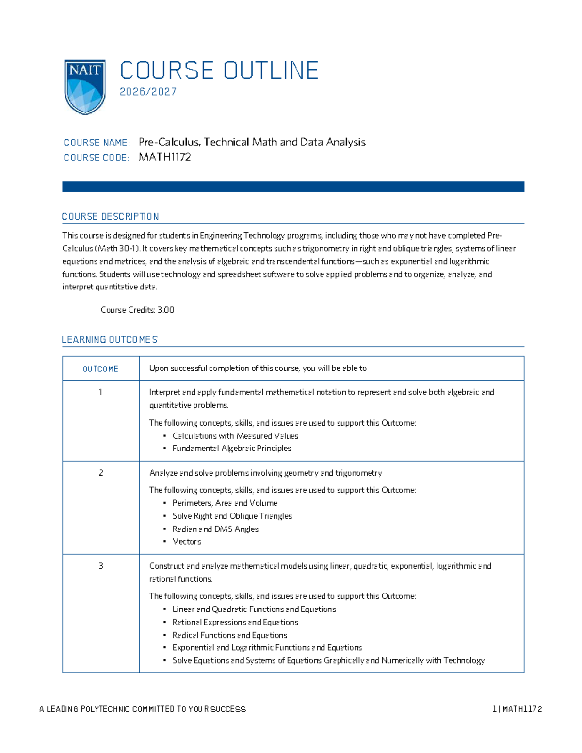 Course Outline for MATH1172: Technical Math & Data Analysis - Studocu