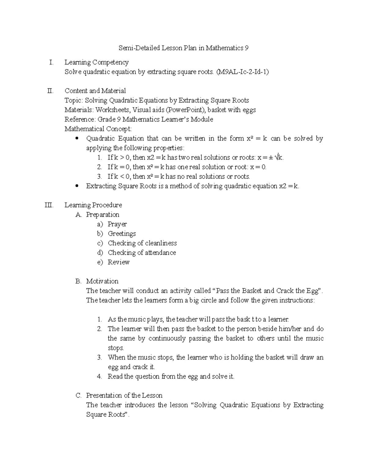 MATH9 LP Comp 2 No. 2: Semi-Detailed Lesson Plan on Quadratics - Studocu