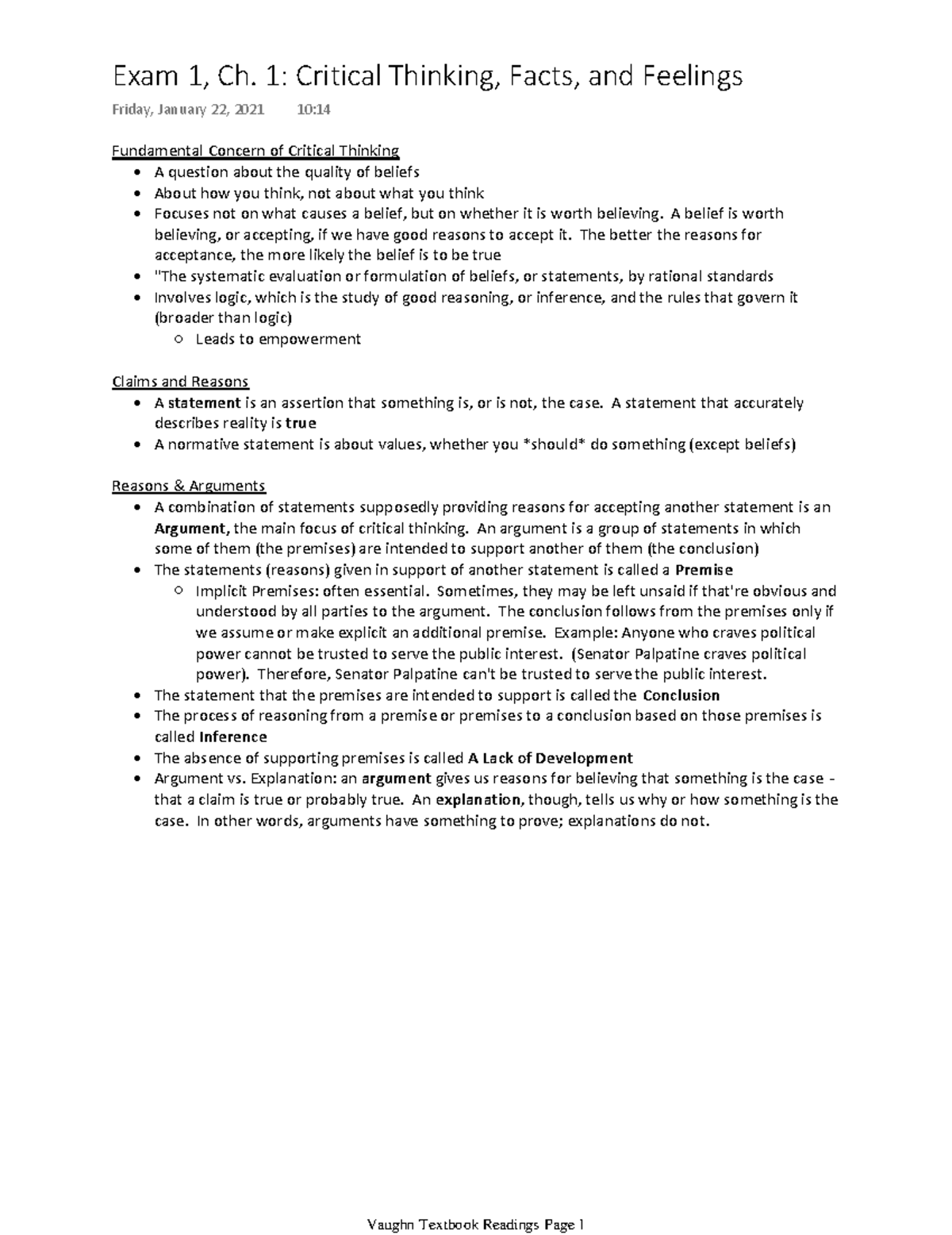 Exam 1, Chapter 1: Analyzing Critical Thinking and Arguments - Studocu