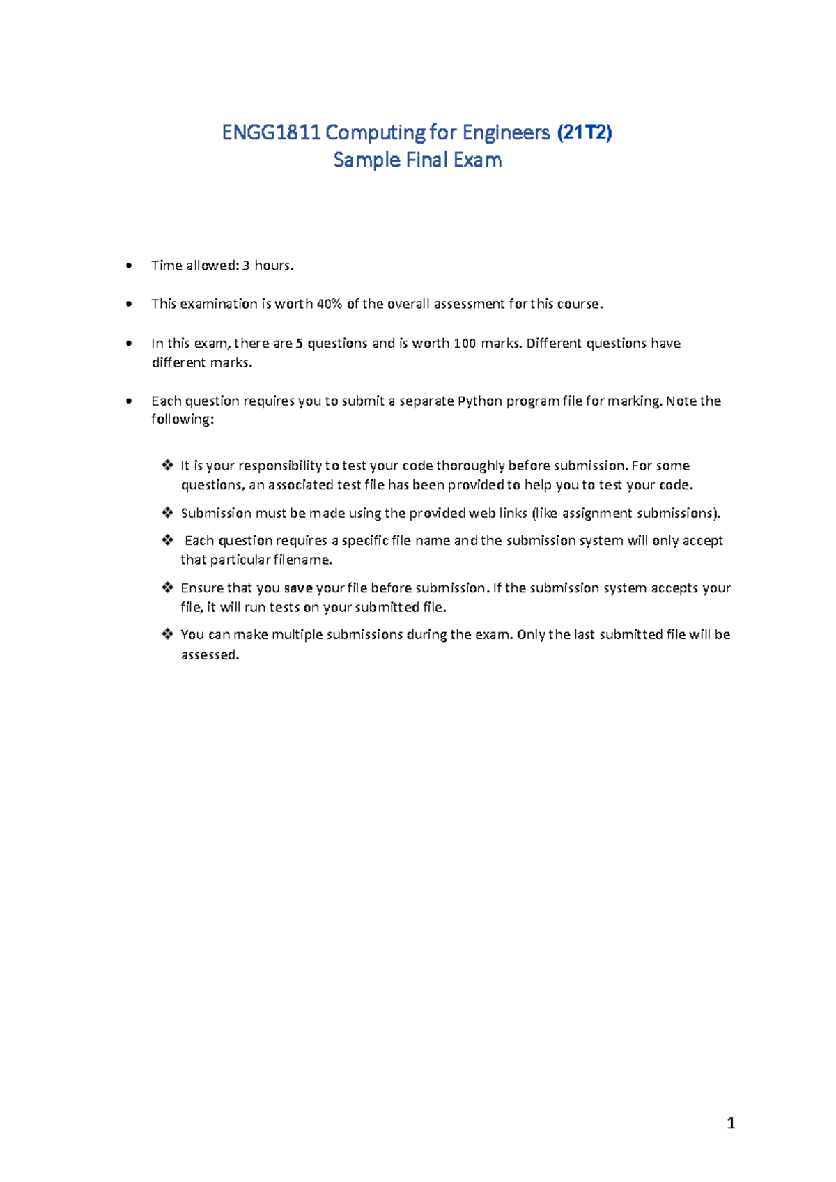 (21T2) ENGG1811 Computing for Engineers Sample Final Exam Guide - Studocu
