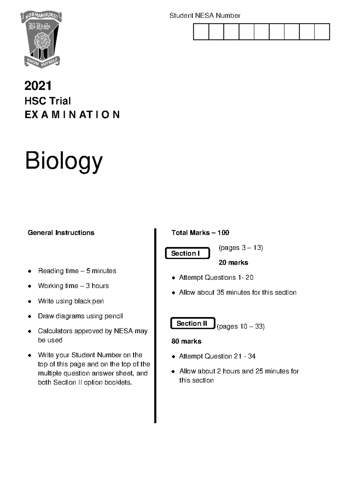 2021 HSC Biology Trial Exam Instructions and Questions - Studocu