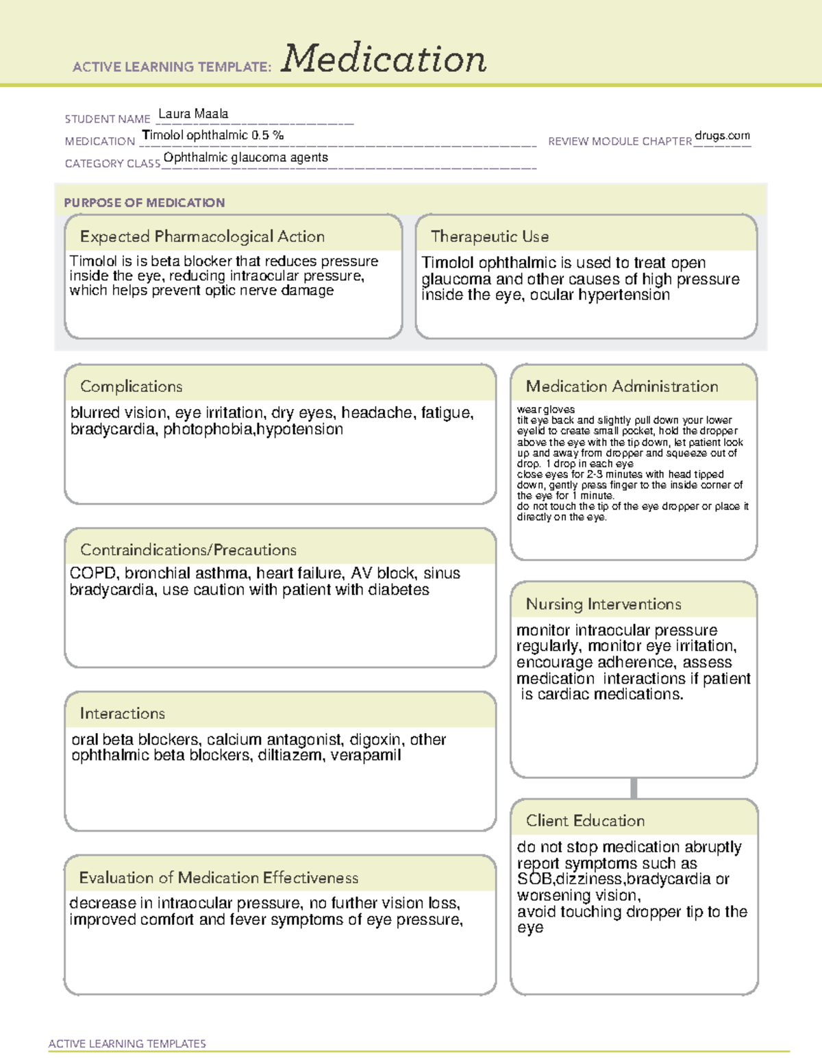 ACTIVE LEARNING TEMPLATE: Timolol Ophthalmic Medication Review - Studocu