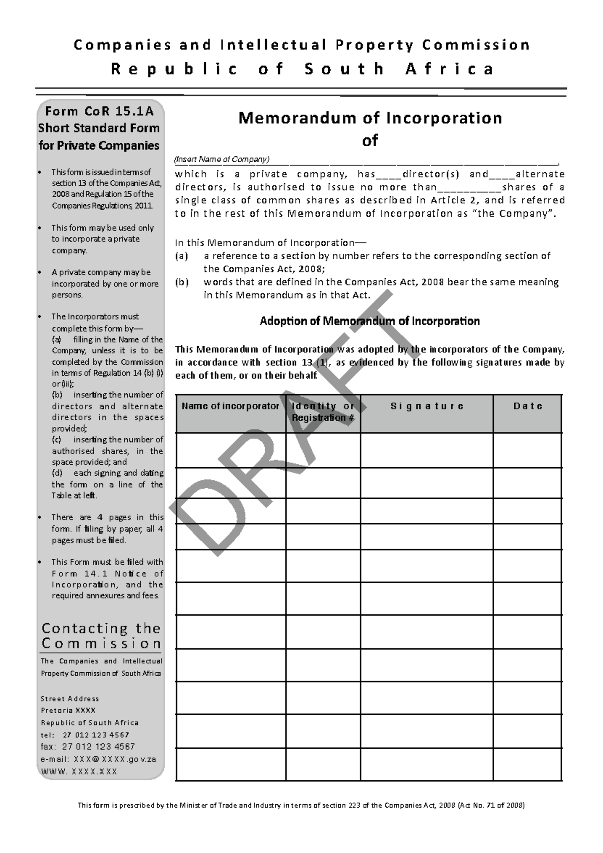 Memorandum of Incorporation: Private and Profit Companies Form CoR 15.1 ...