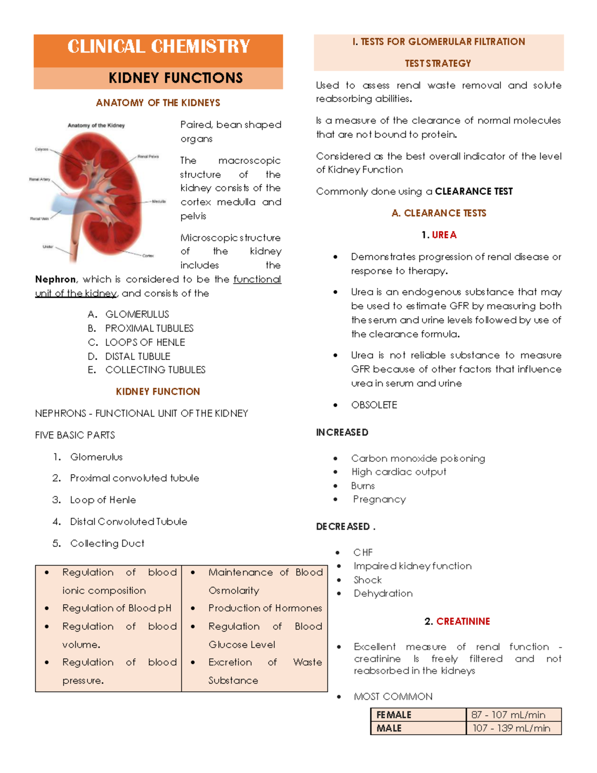 Kidney Function Tests - Clinical Chemistry Overview (KFT 101) - Studocu