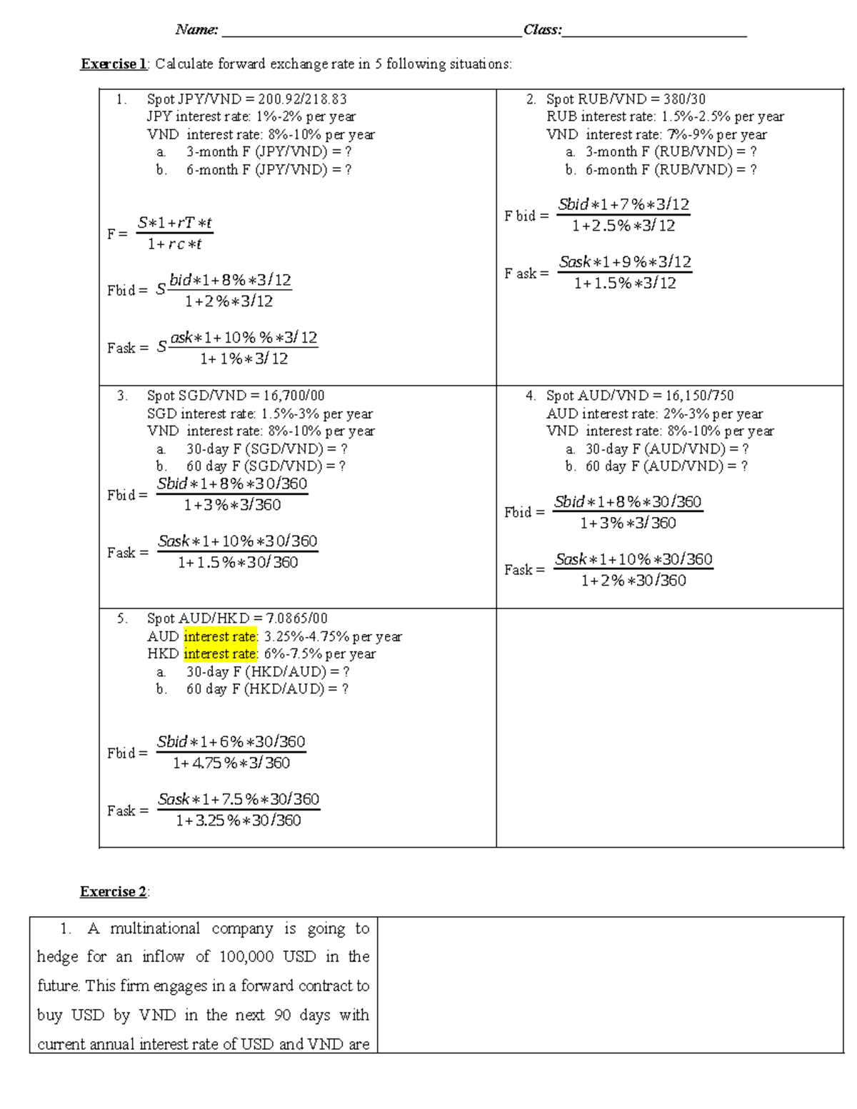 Forward and Options Exercises - Finance 101 Baitap - Studocu