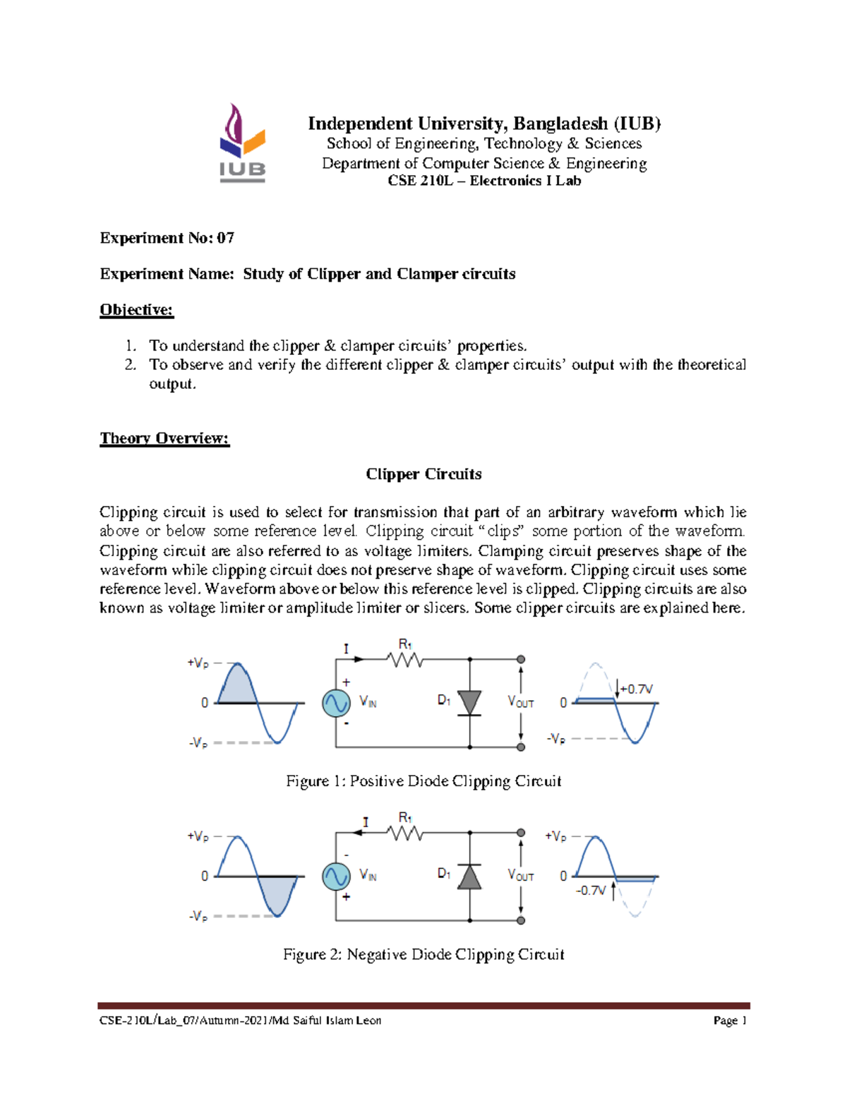 CSE 210L Lab Exp 7: Clipper and Clamper Circuits Study - Studocu