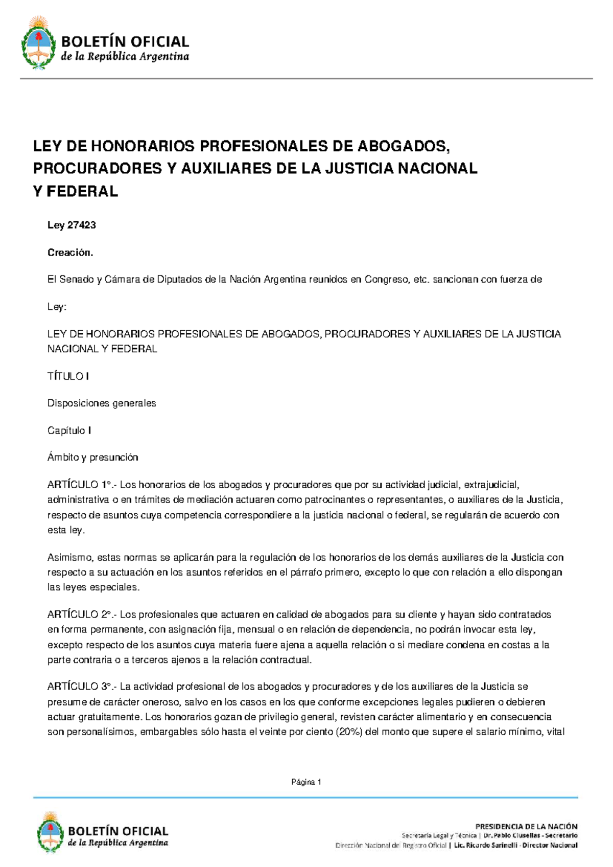 Ley 27423: Honorarios Profesionales de Abogados y Auxiliares de ...