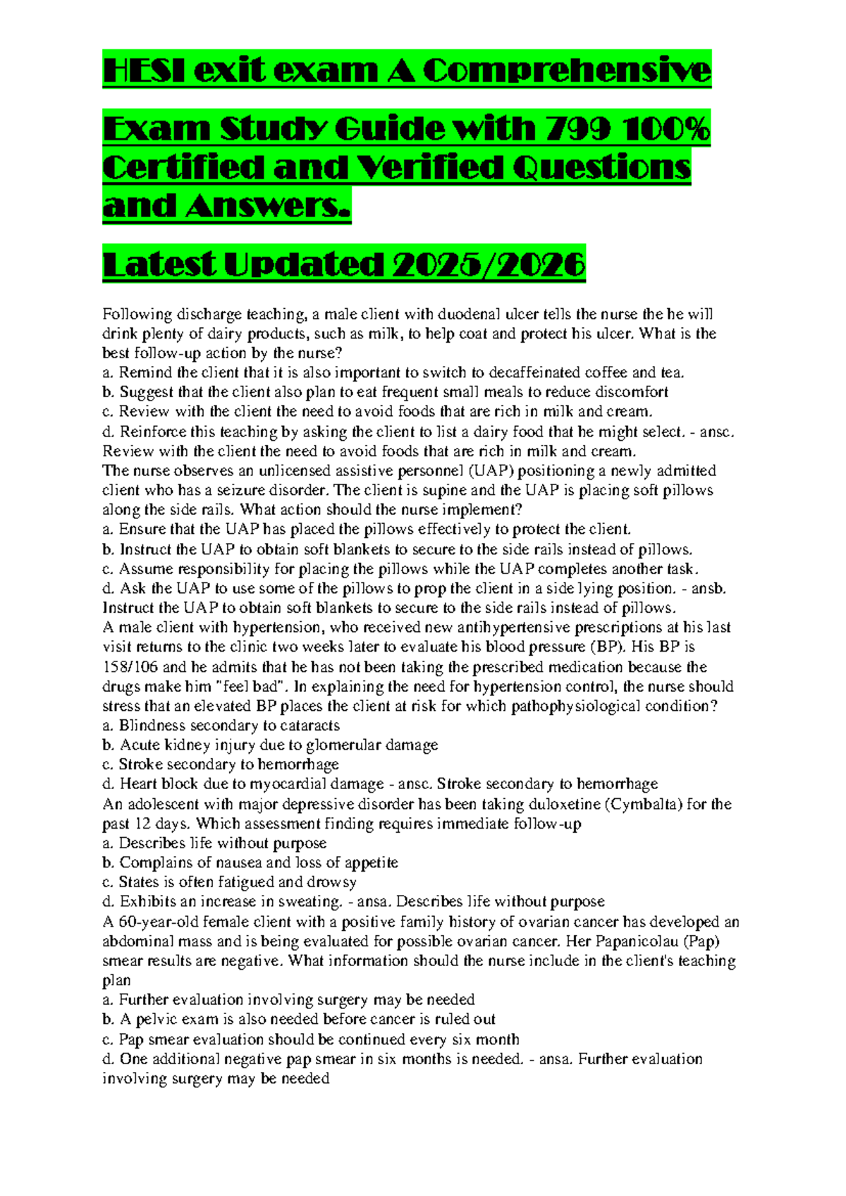 HESI Exit Exam Comprehensive Study Guide 2025: 799 Certified Q&A - Studocu