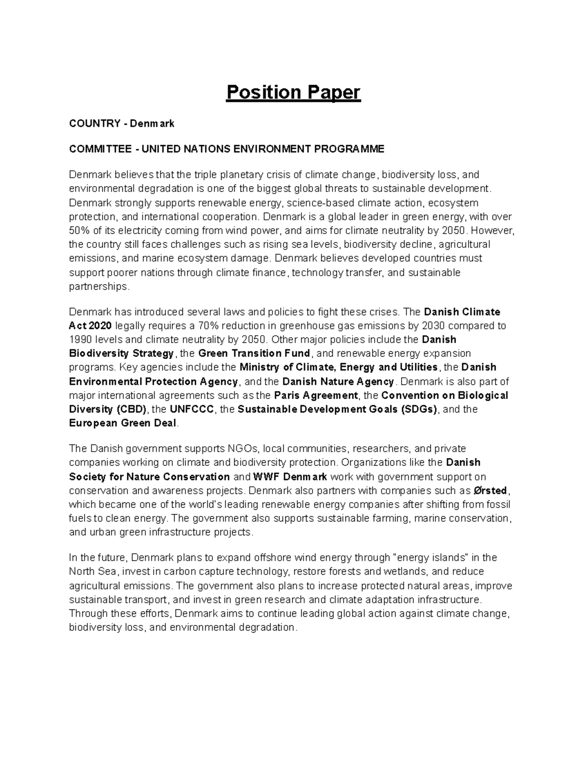 Position Paper: Denmark's Commitment to Climate Action (UNEP) - Studocu