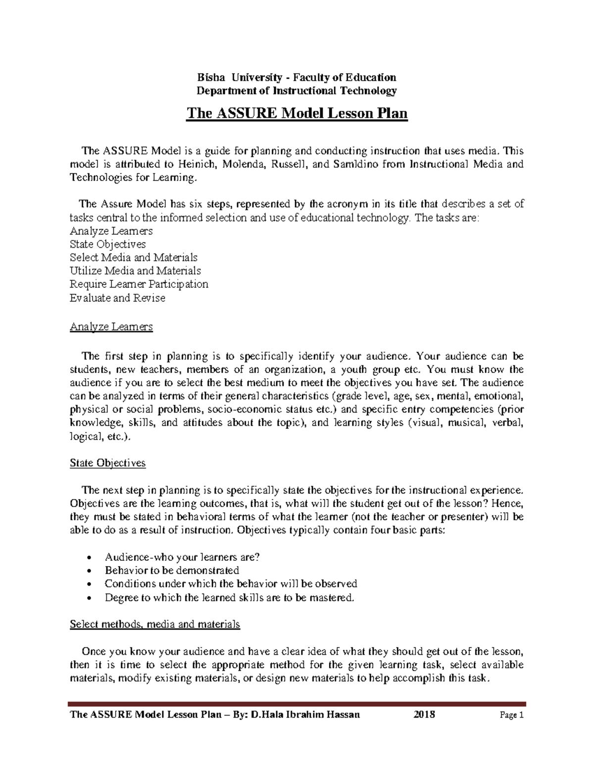 ASSURE Model Lesson Plan for Instructional Technology (EDU 101) - Studocu