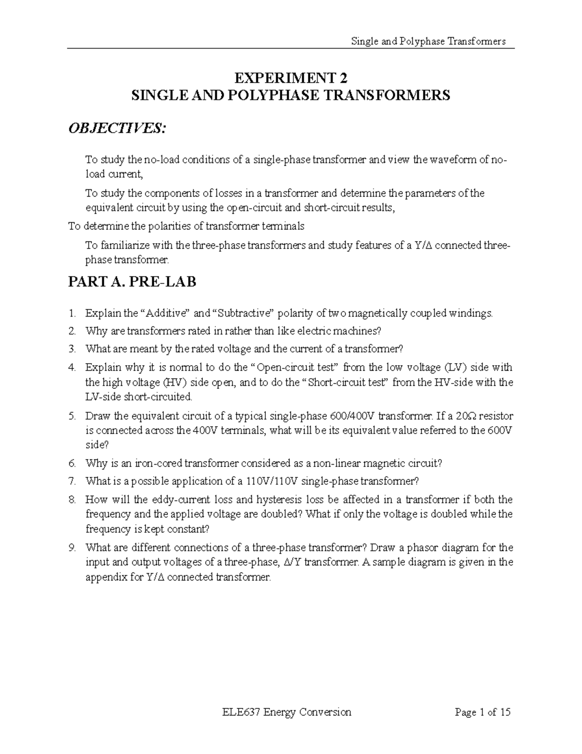 ELE637 - Experiment 2: Lab on Single and Polyphase Transformers - Studocu